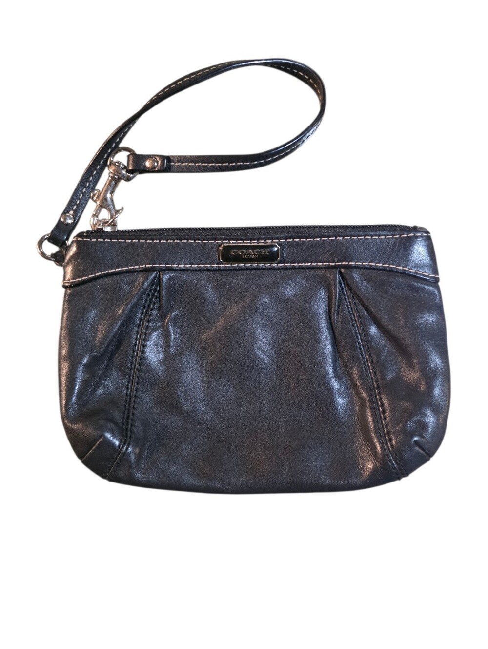 Coach Black Leather Wristlet Clutch with Top Zip